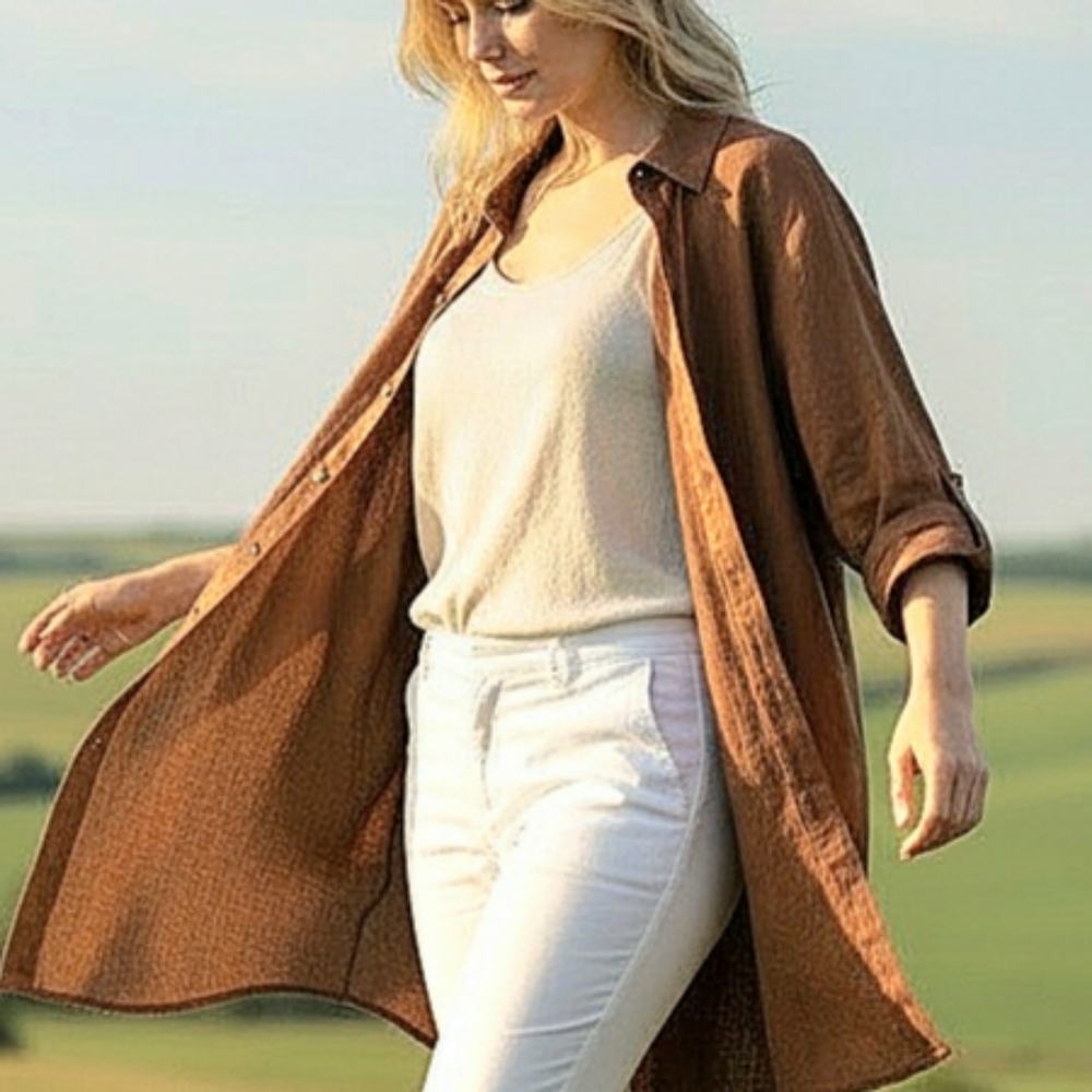 Bridgewater Rusty Brown Linen Button-up Tunic Shirt Knee-length Sz 1X